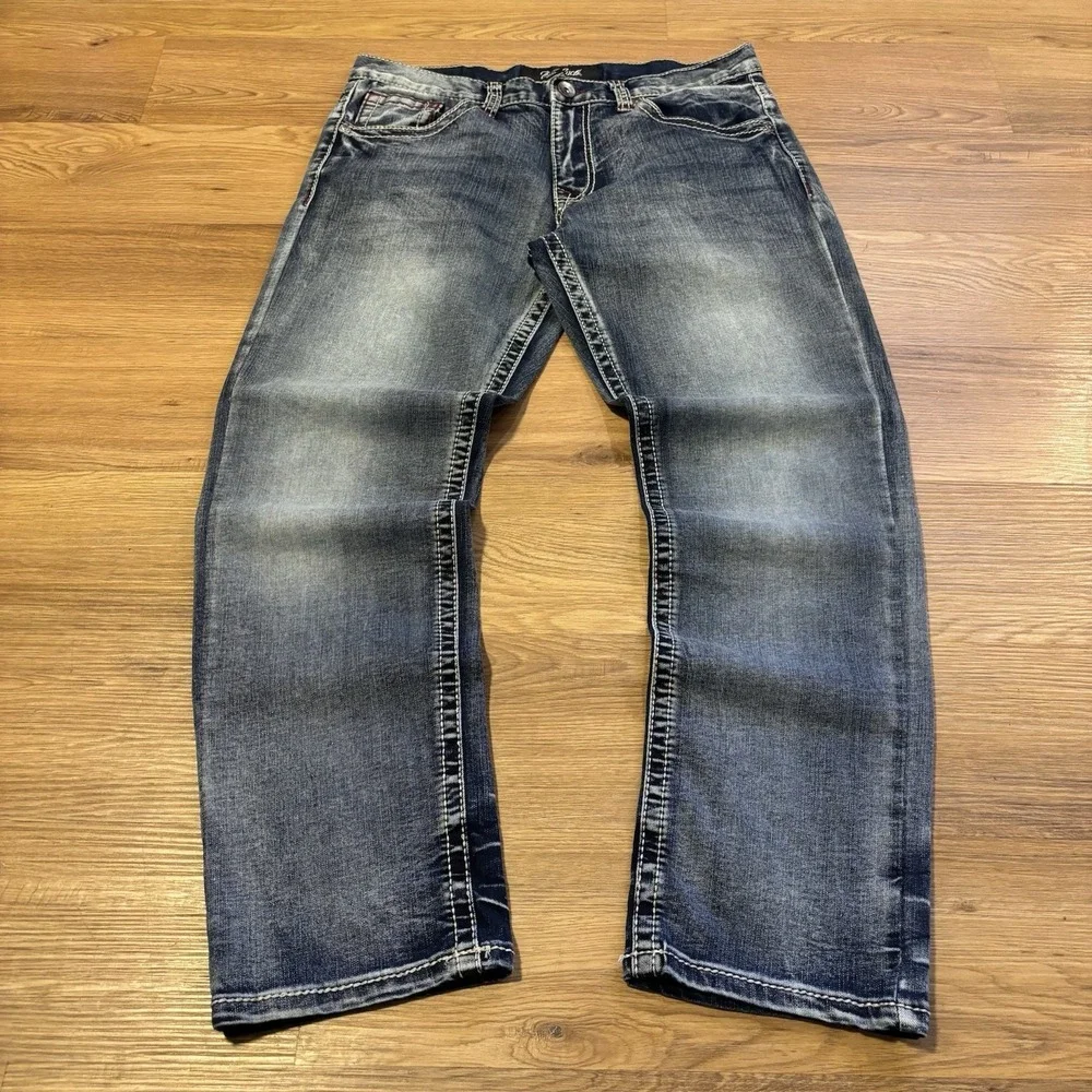 True Luck Jeans Mens 34x30 Dark Distressed Wash Straight Leg Red Stitching Faded